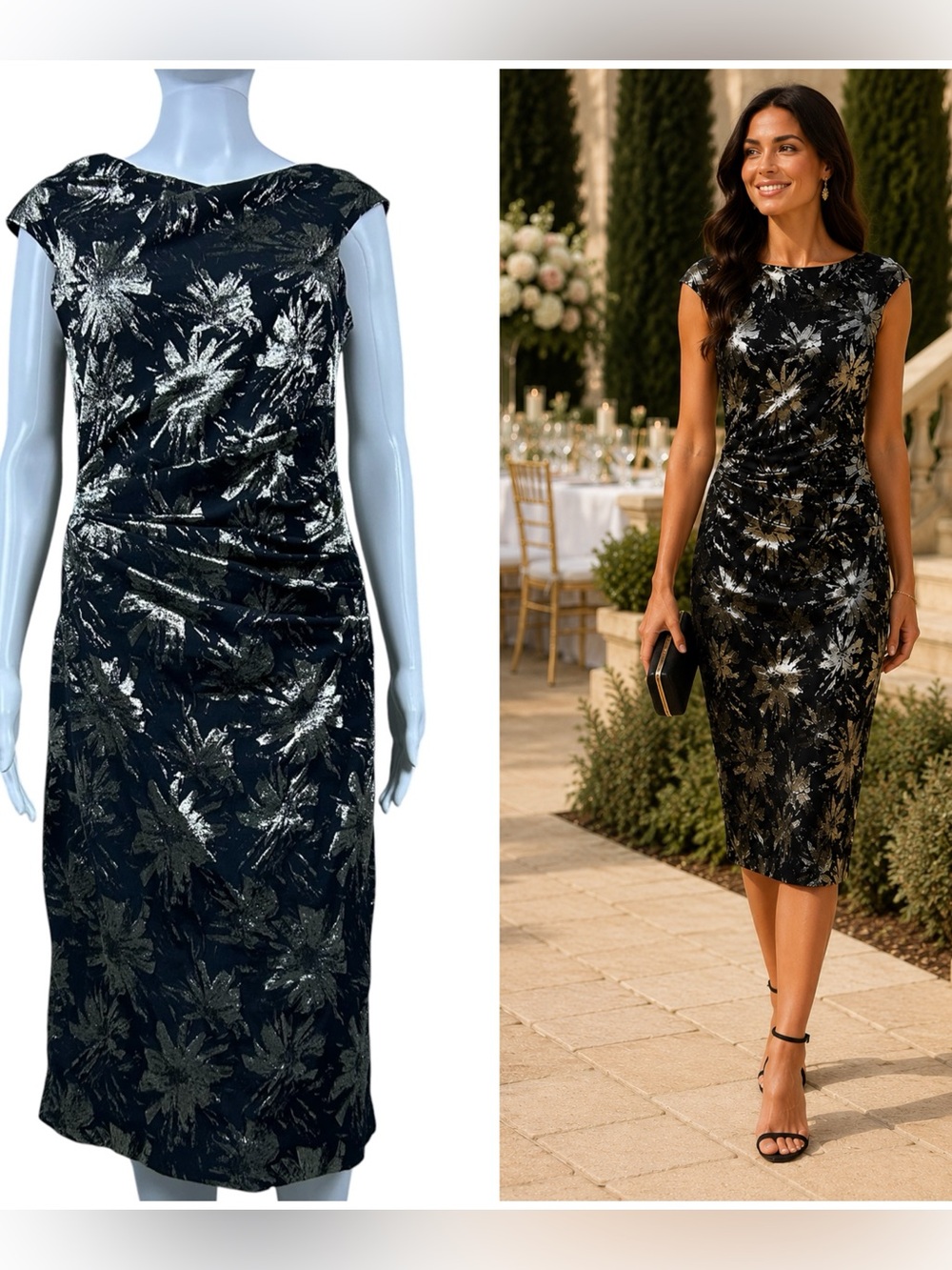 Teri Jon Rickie Freeman Metallic Floral Ruched Sheath Cocktail Dress Size 10